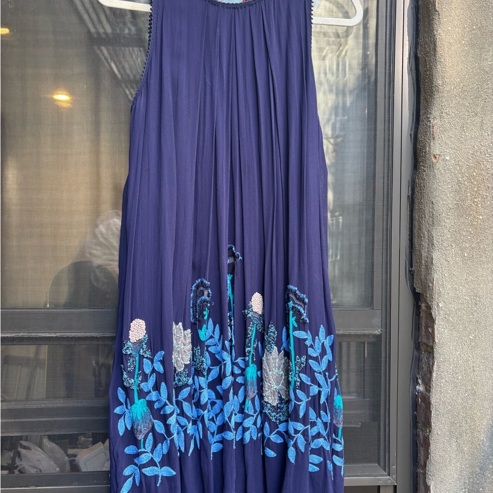Anthropologie Navy Blue Embroidered Mini Dress